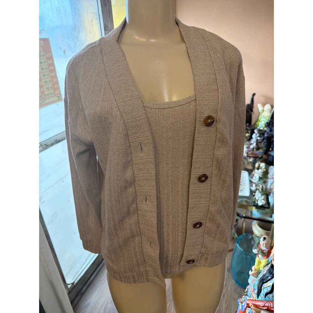 Vintage Pointelle Knit Cardigan and Tank Top Twin Set Beige Button Front 2pc‎